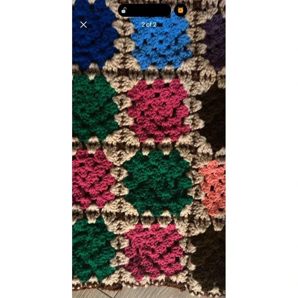 Vintage 70s Granny Square Knit Blanket‎ Hand Made Crochet Afghan Twin Brown Tan